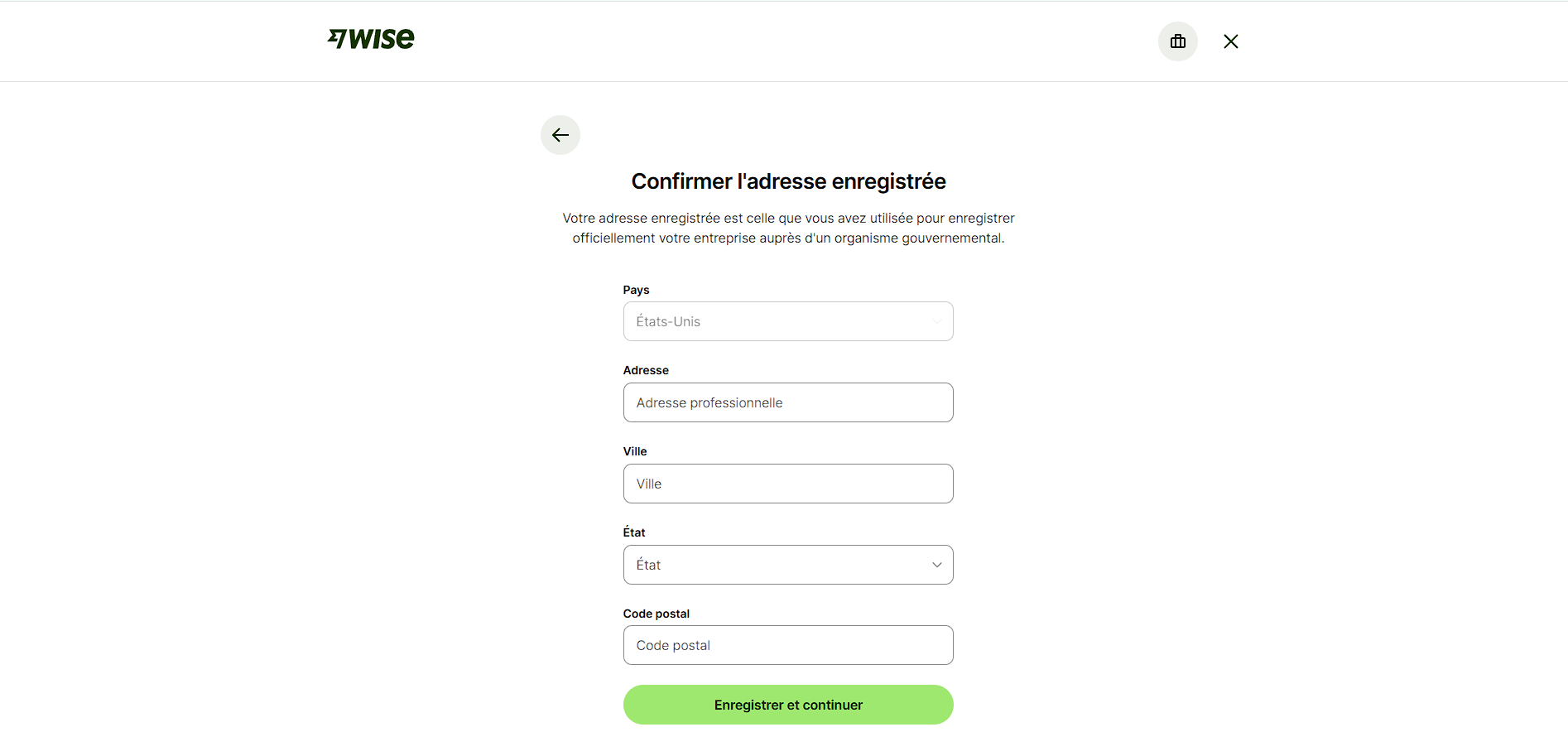 Adresse enregistrée d'une LLC américaine dans Wise Business