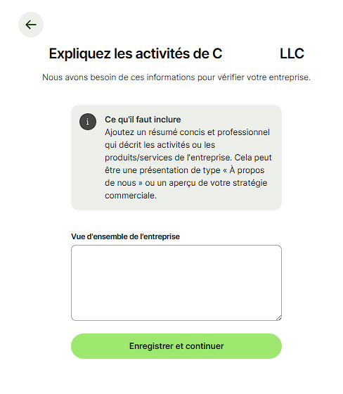 Description de l'activité d'une LLC dans Wise Business