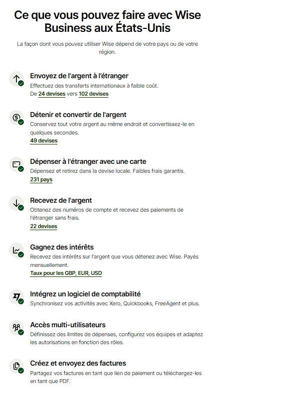 Fonctionnalités disponibles avec Wise Business