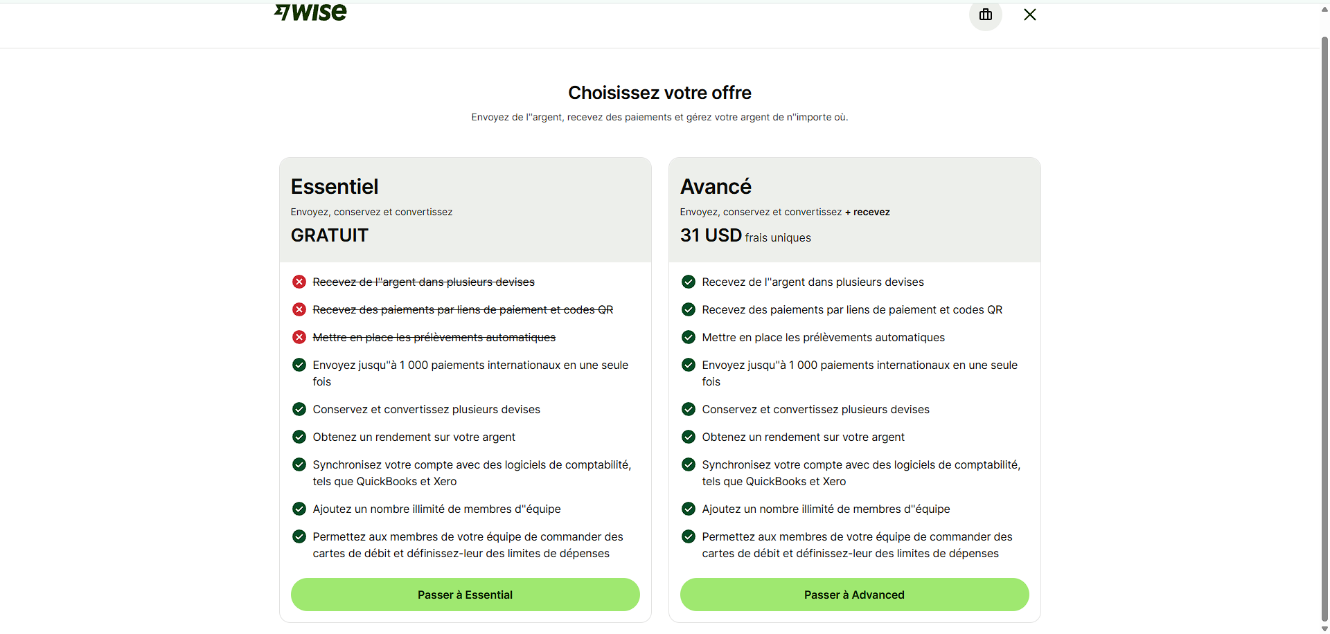 Offres Essential et Avancé Wise Business