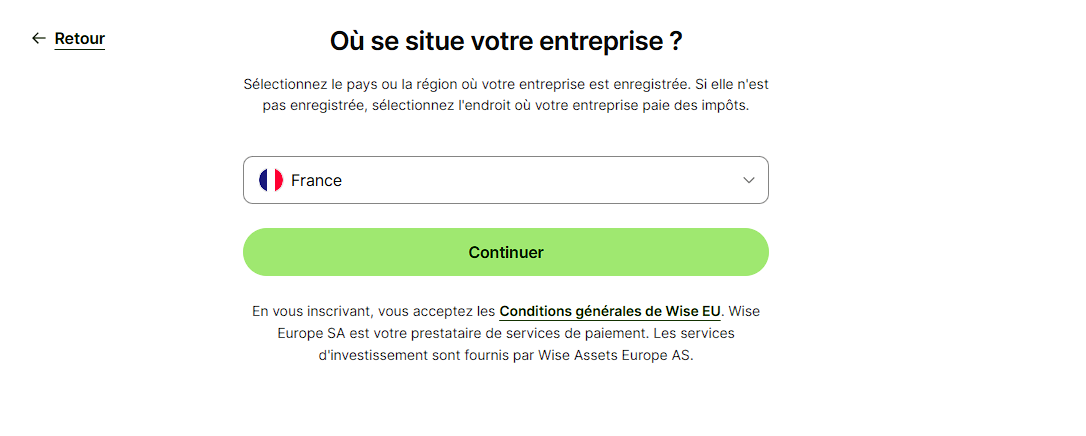 Sélection du pays de l'entreprise dans Wise Business