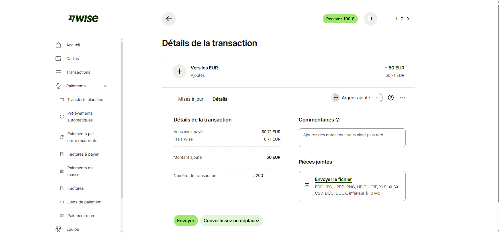 Premier dépôt de 50 euros sur Wise Business