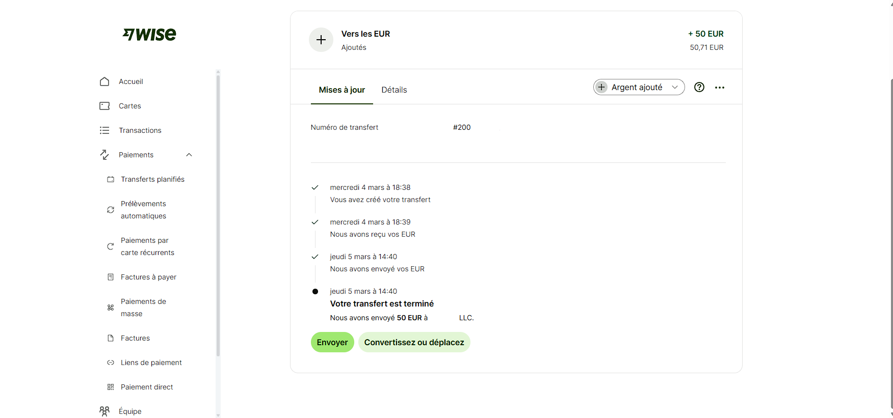 Premier transfert Wise Business terminé