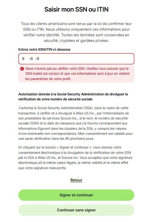 Vérification SSN ou ITIN dans Wise Business